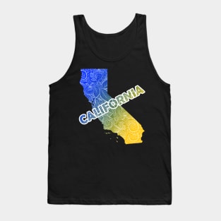 Colorful mandala art map of California with text in blue and yellow Tank Top